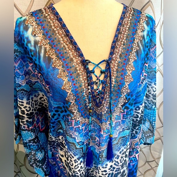 NWT True Colours by La Moda Blue Cat Maxi Swim Cover Up Caftan Dress One SZ - Picture 5 of 10